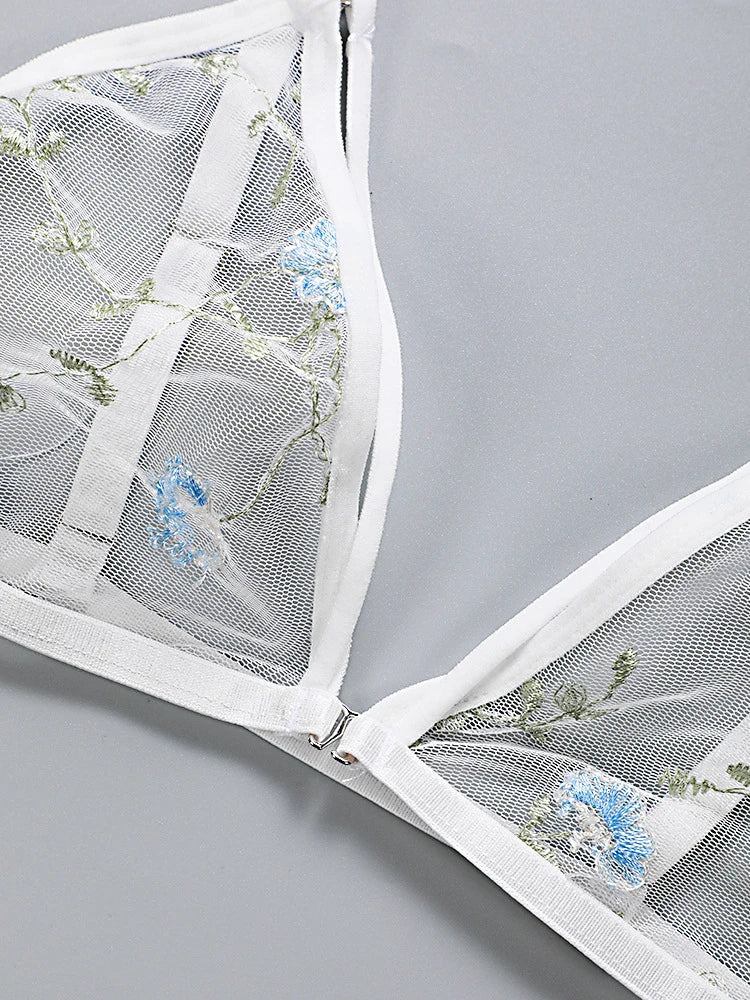 Women Lingerie Sets Underwear Embroidery Flower Lace Bra Thong Lingerie Set Thongs Mesh Translucent Ultrathin Underwear Lingerie