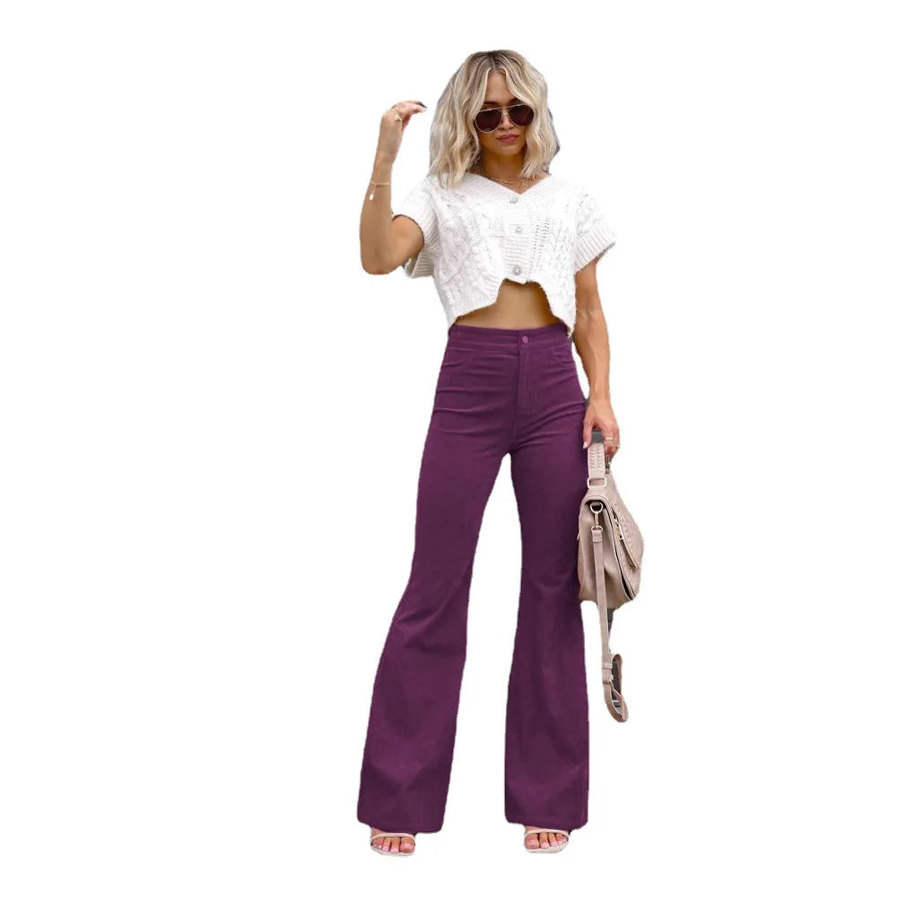 Women Pants Elegant Corduroy Autumn Winter Fashion Slim Casual Female New Solid Mid-waist Street Long Flare Clothing Lugentolo