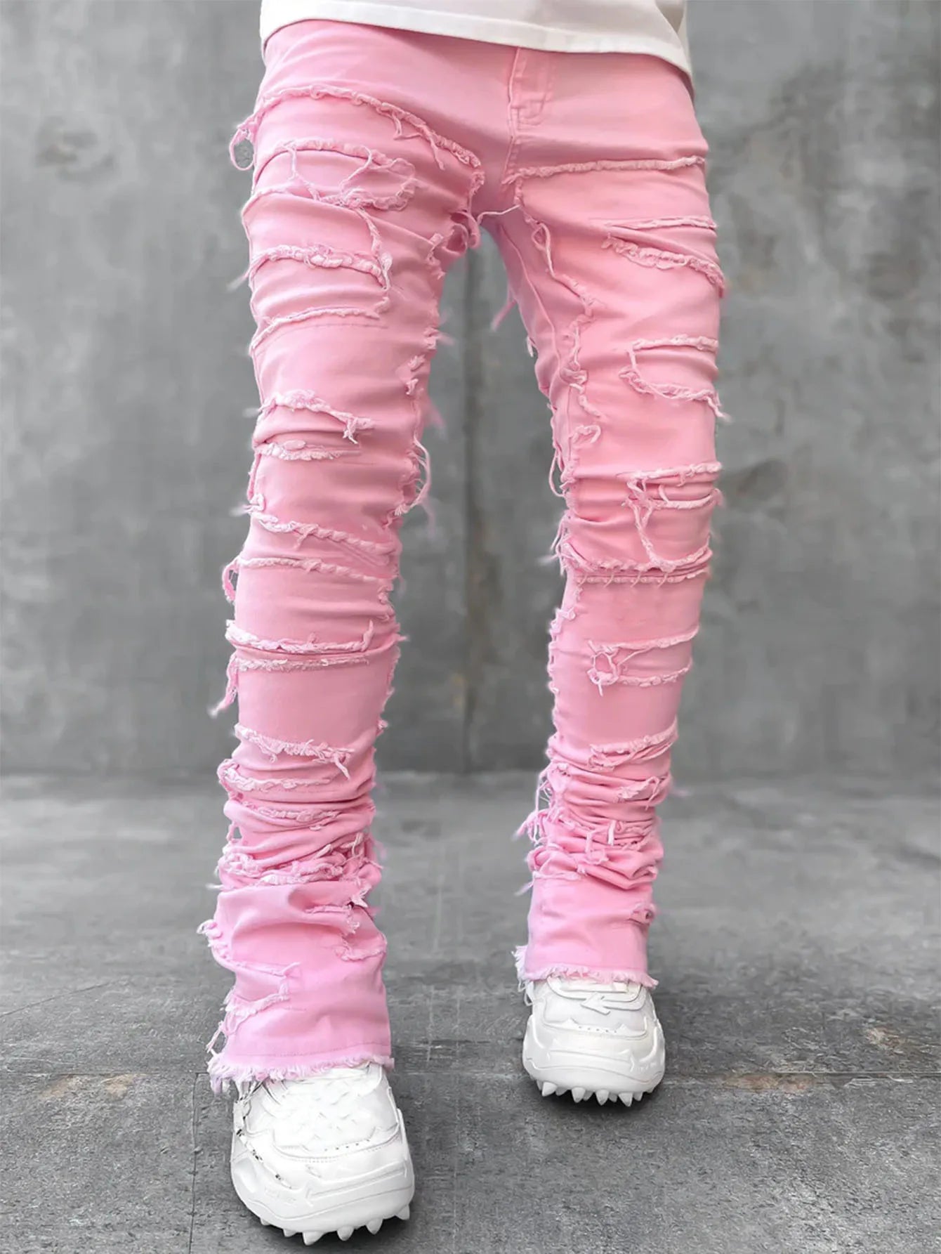 2024 New Premium Vintage Blue Stacked Jeans For Men Stretchy Raw Frayed Denim Destroyed Washed Patchworks Pants