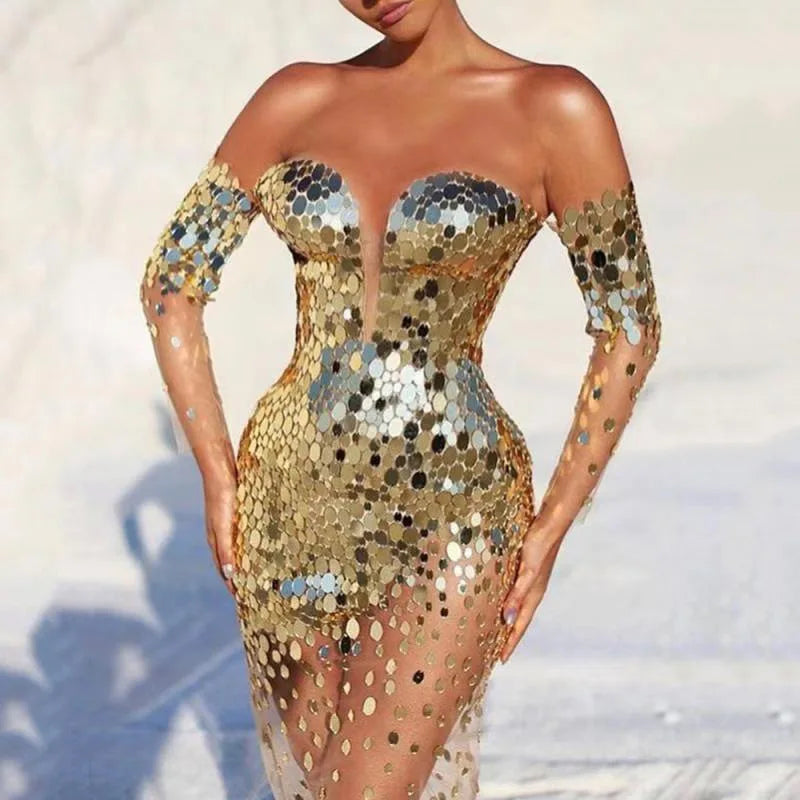 Sequin Off Shoulder Silver Dress Elegant Sexy Mesh See Through Bodycon Dress Women Luxury Summer Clothes Long Evening Club Dress
