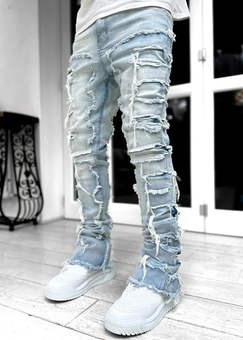 New Fashion Stretch Jeans Man Stacked Jeans Elastic Waist Straight Fit Patchworks Denim Long Pants Fringe Ripped Jeans For Men