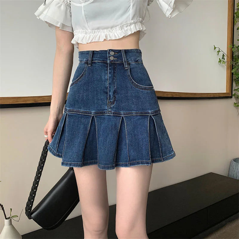 Lucyever Korean Style Women's Mini Denim Skirt Fashion High Waist A-Line Jean Skirts Woman 2025 Summer New Street Pleated Skirts