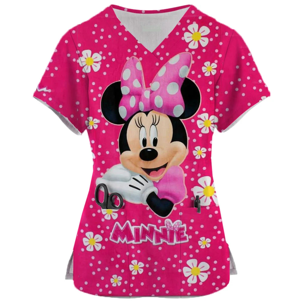 2024 New Minnie Mouse Print Nurse Medical Uniforms V-neck Short Sleeve Pocket Workwear Top Scrubs Medical Accessories Uniform