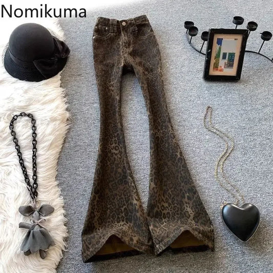 Leopard Print Flare Pants 2025 New Bottoms Pantalon Femme Slim Fit Fashion Streetwear Y2k Jeans Casual Vintage Denim Trousers