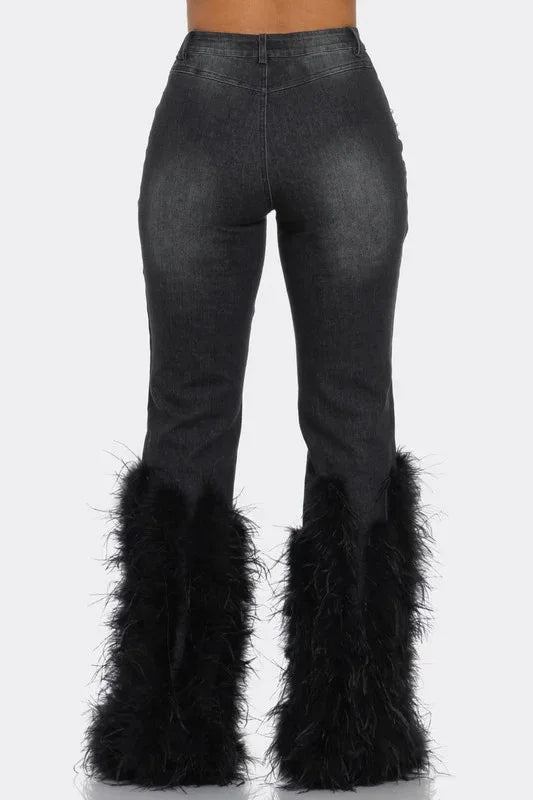 FAGADOER Feathers Patchwork Denim Pants Women Fashion Pearls Holes Tassel High Waist Stretchy Jeans Y2K Streetwear Bottoms New