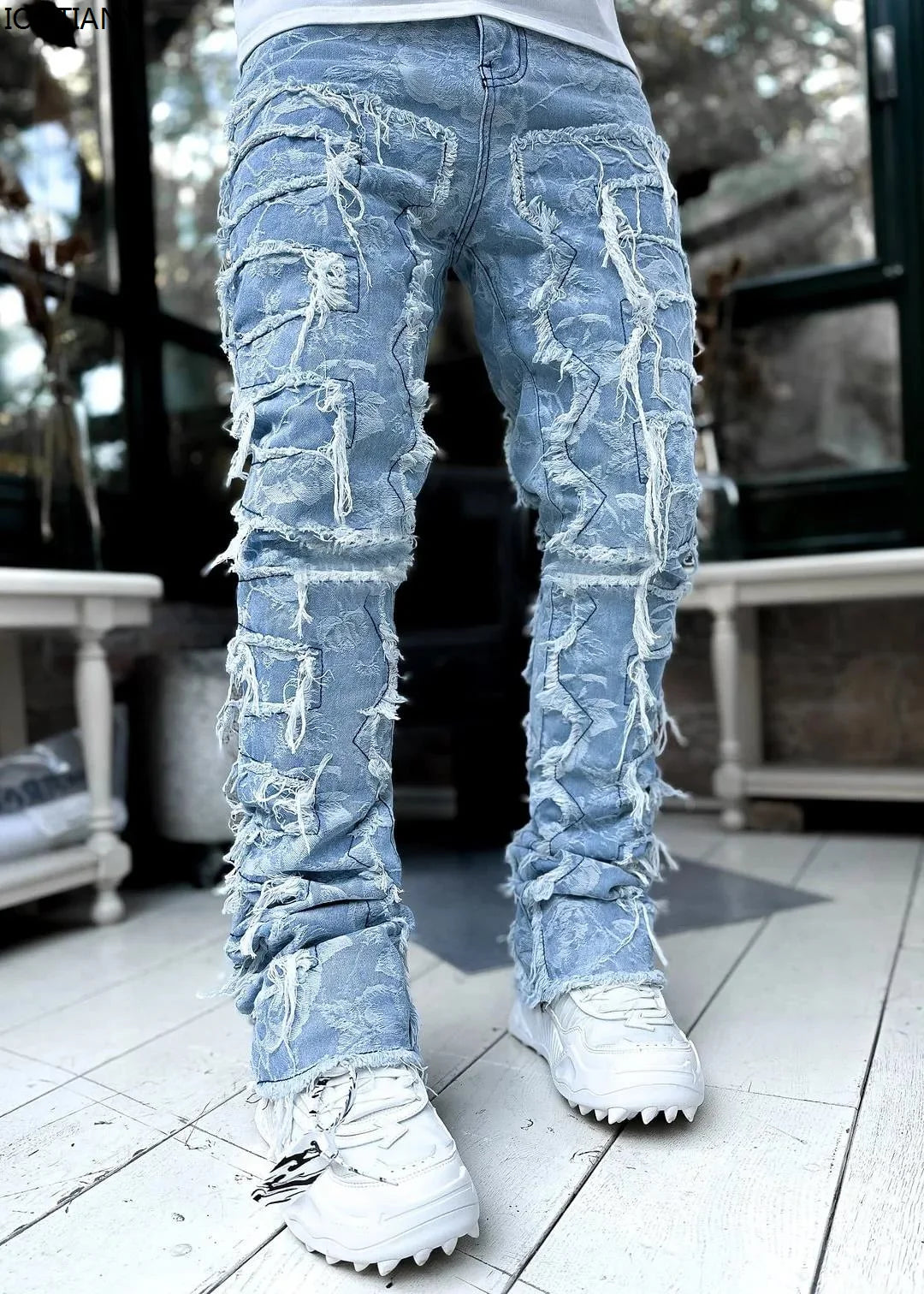 New Fashion Stretch Jeans Man Stacked Jeans Elastic Waist Straight Fit Patchworks Denim Long Pants Fringe Ripped Jeans For Men