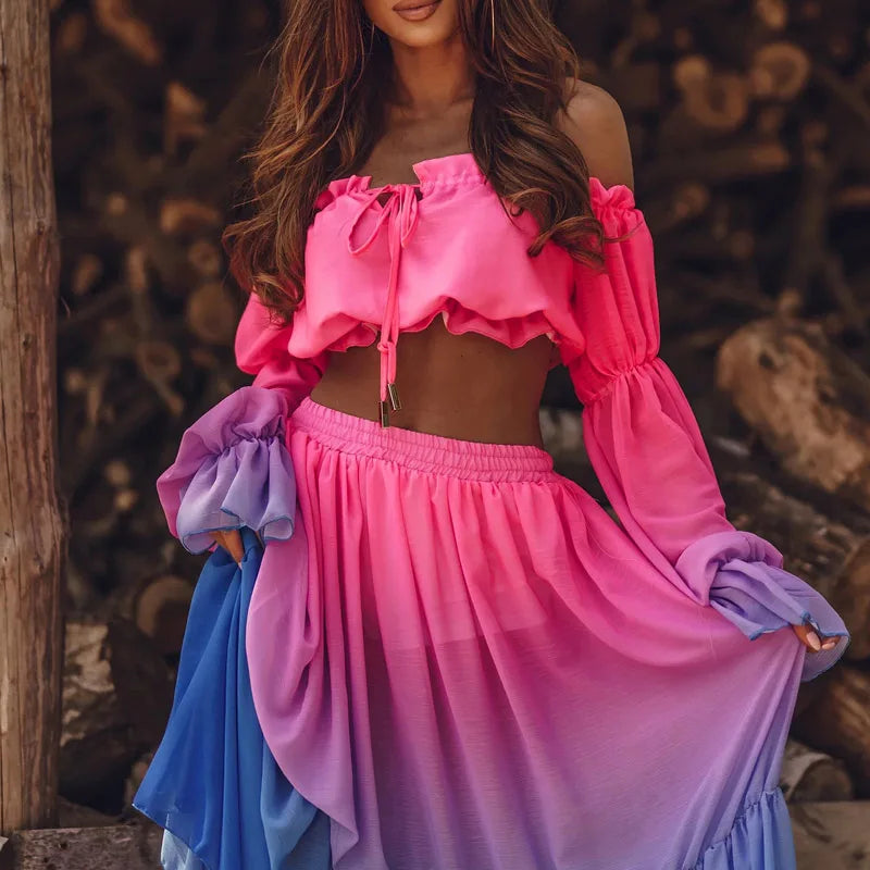 Autumn Chic Sexy Off Shoulder Ruffle Long Skirt Women Suit