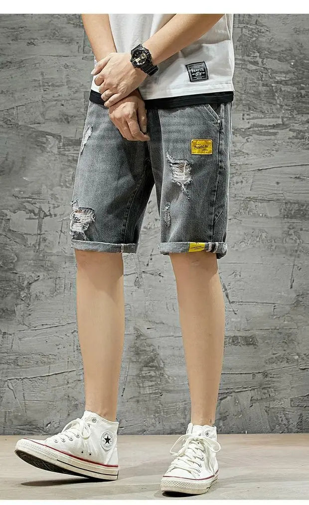 Summer 2025 Light Blue Ripped Cat Whisker Patch Letter Print Slim Denim Shorts Teenagers Jeans Boys and Girls Cowboy Short Pants