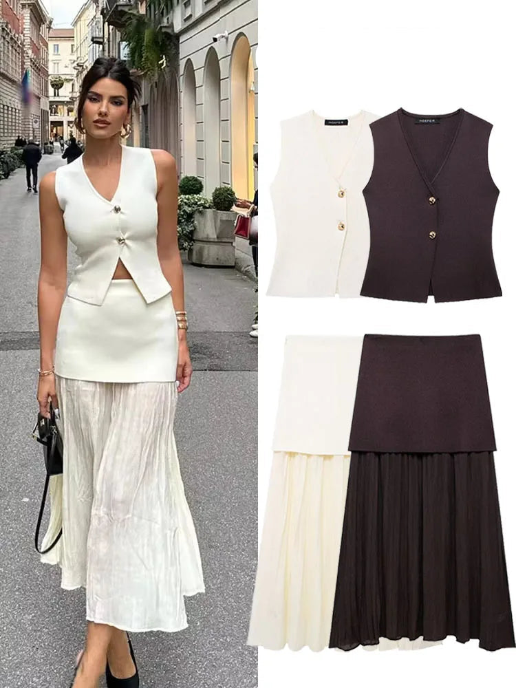 Women 2 Piece Set Knitted Vest High Waist Skirt