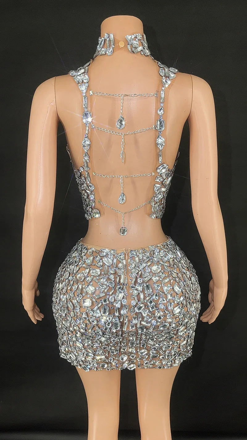 Shiny rhinestone silver sexy backless tight mini dress evening performance costume nightclub singer stage costume birthday party