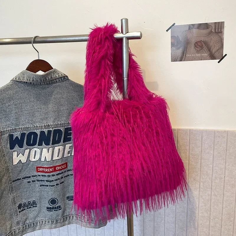2025 NEW Wool Women's Plush Shoulder Bags Y2k Hot Faux Fur Lady Bag Large Capacity Fashion Female Furry Purse Tote Handbags