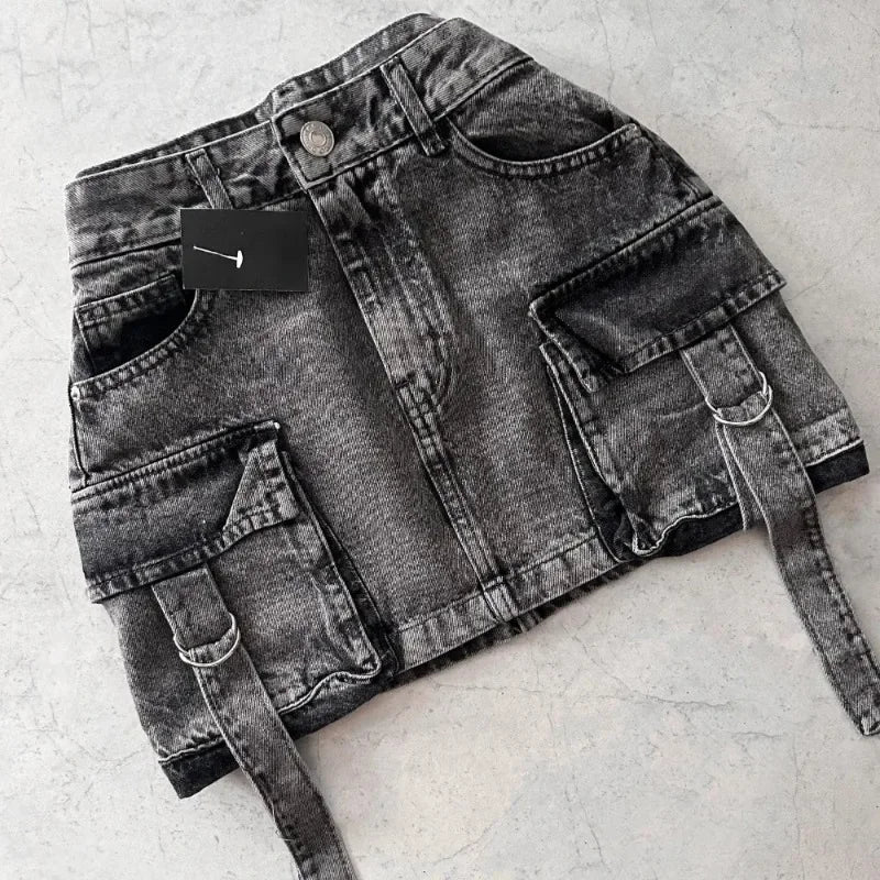 Harajuku Multiple Pockets Denim Plaid Skirt Vintage Goth Black Y2k Mini Skir Fashion Womens Casual Versatile Sexy Streetwear