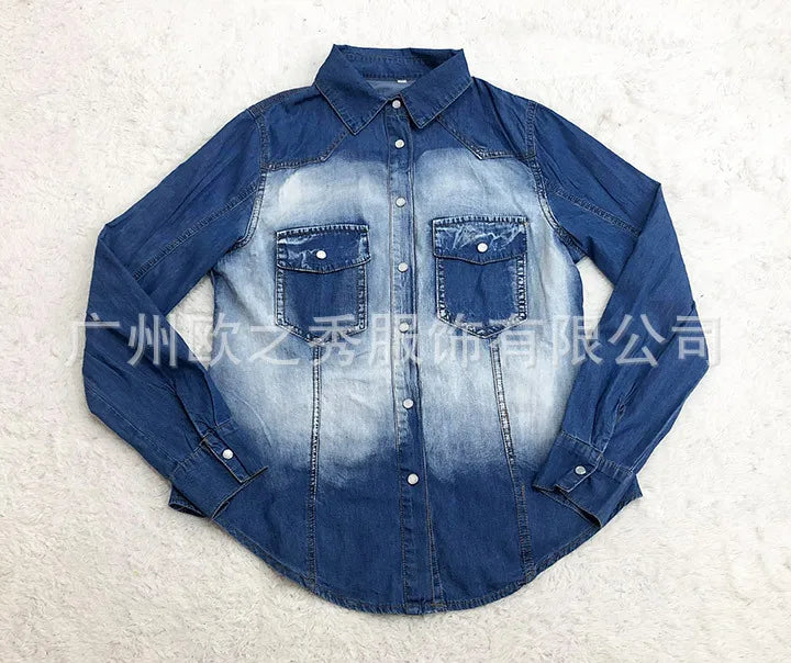 Shirt for Women Autumn Blouses Denim Single Breasted Spring Blue Casual Loose Work Shirts Slim Fit Sexy Elegant Y2k Tops 2025