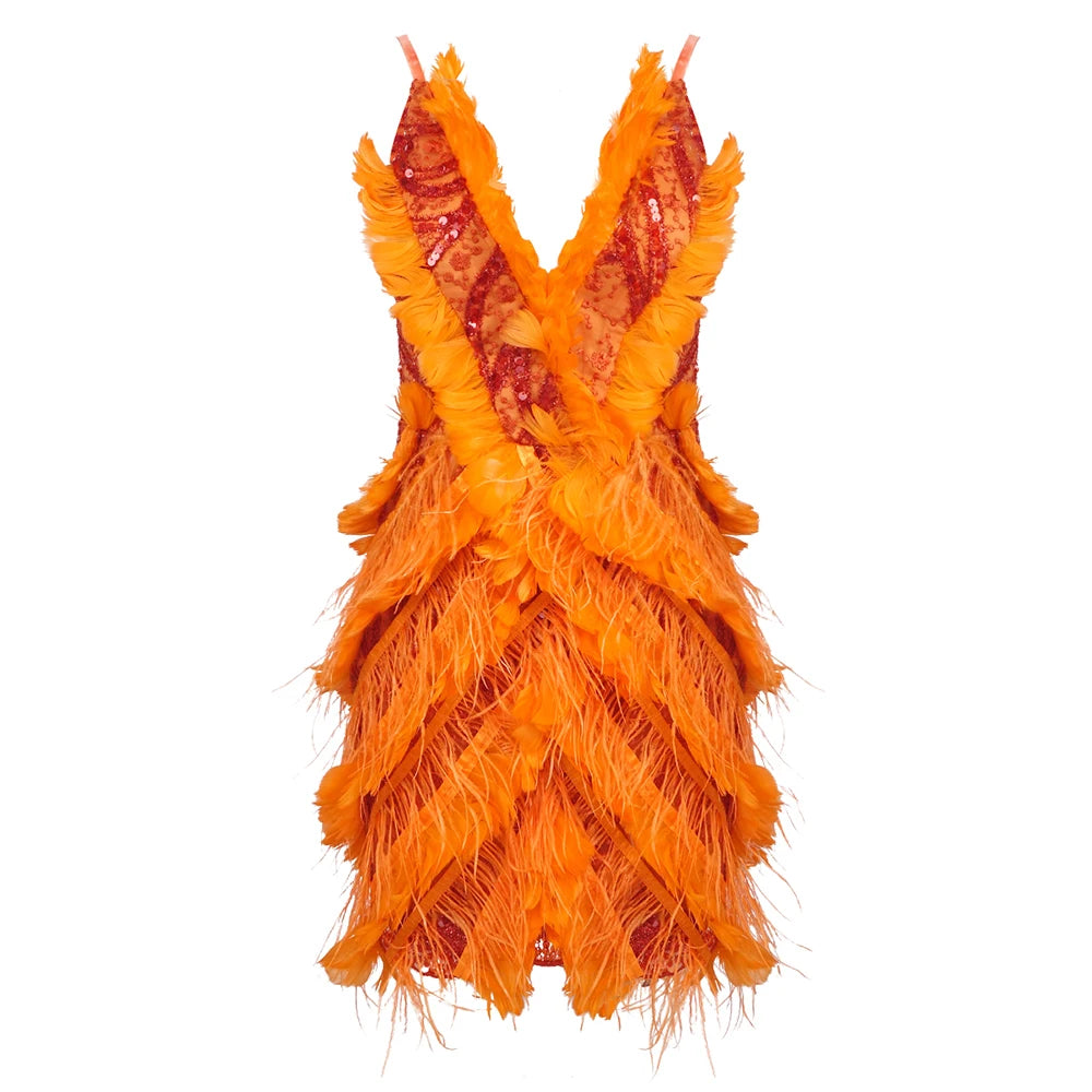 PB 2024 New Orange Prom Dresses Sparkly Beading Crystal Rhinestones Feathers Embellished Birthday Party Cocktail Evening Dress