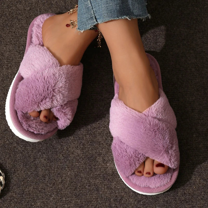 CrissCross Band Plush House Slippers for Women