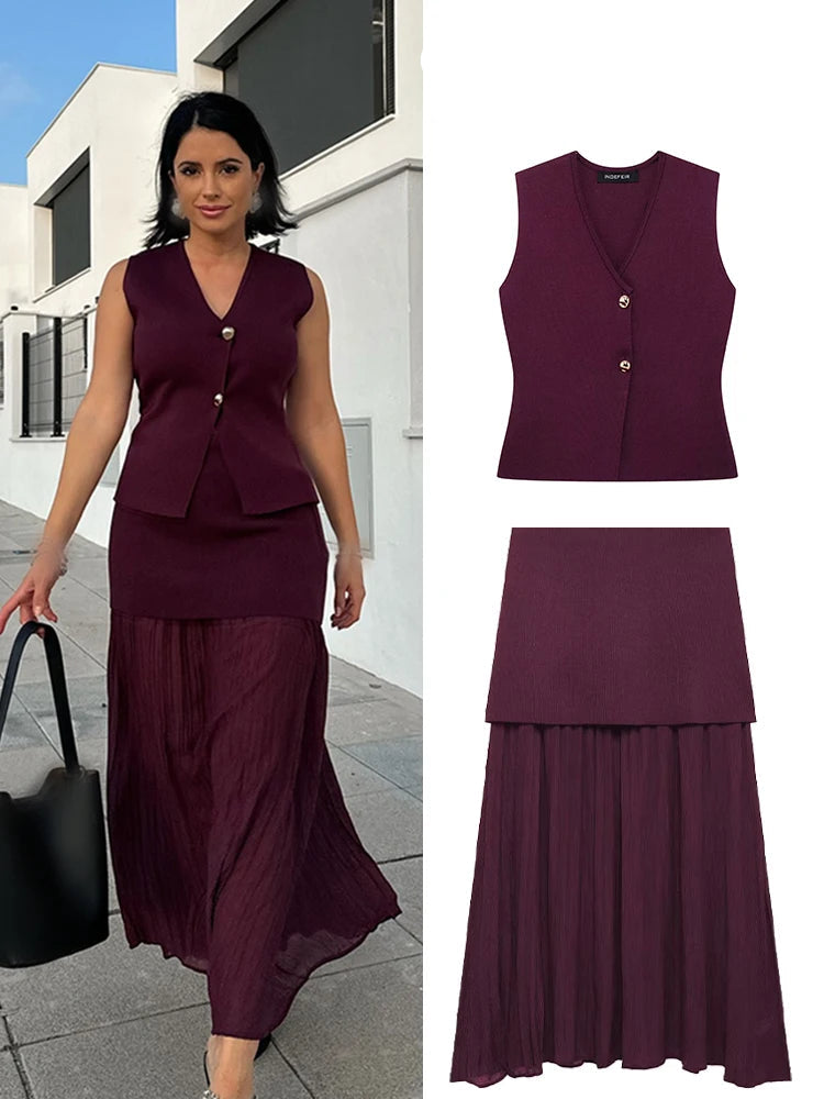 Women 2 Piece Set Knitted Vest High Waist Skirt