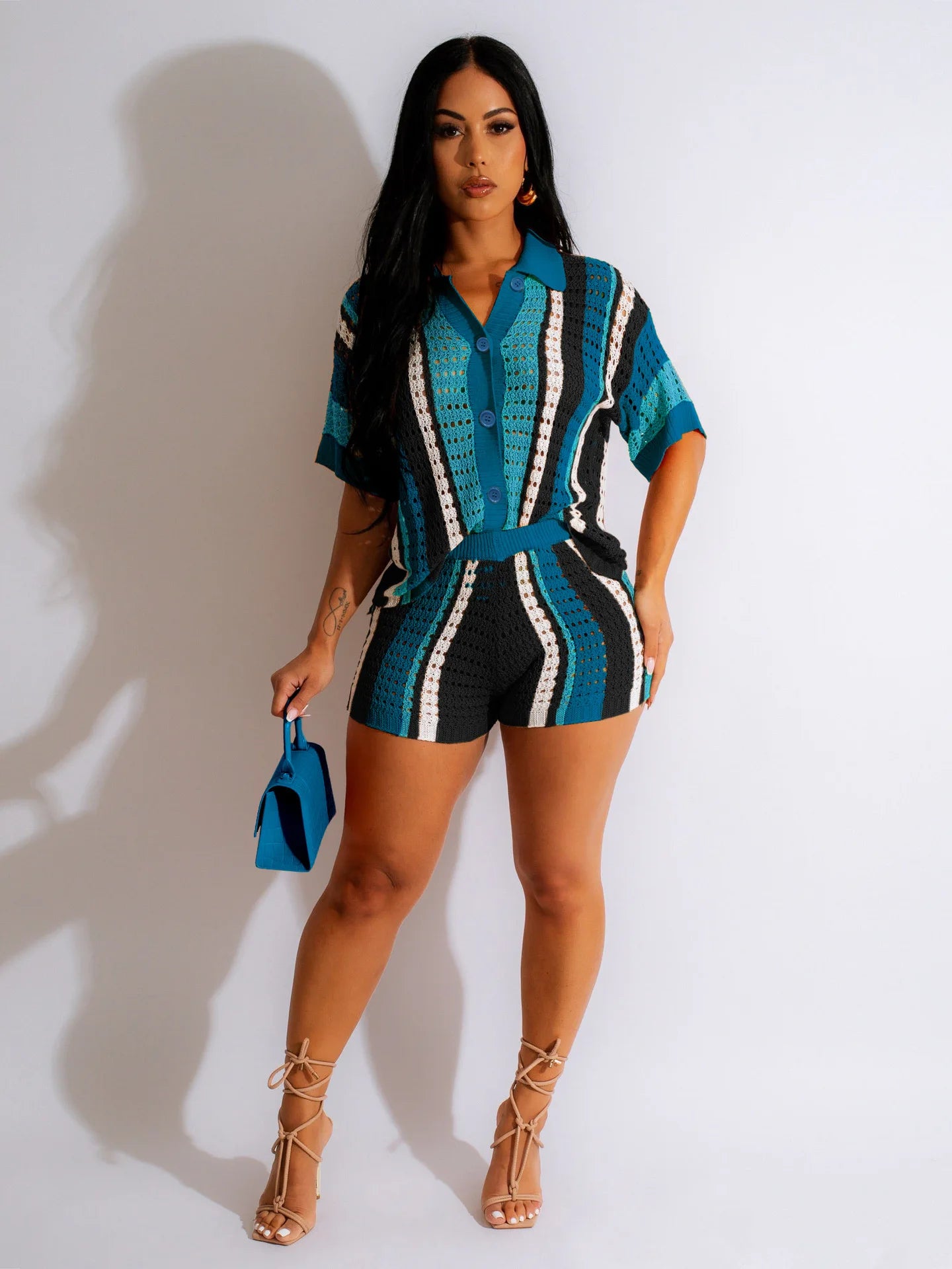 CM.YAYA Knit Ribbed Crochet Hollow Out Striped Women's Set Short Sleeve Button Sweater and Shorts 2023 Two 2 Piece Set Outfits