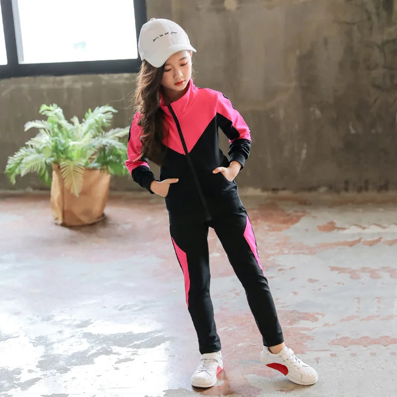 2025 New Spring Autumn Teen Girls Clothing Sets Fashion Zipper Sweatshirt + Pants 2Pcs Outfits Kids Tracksuit 4 6 8 10 12 Years