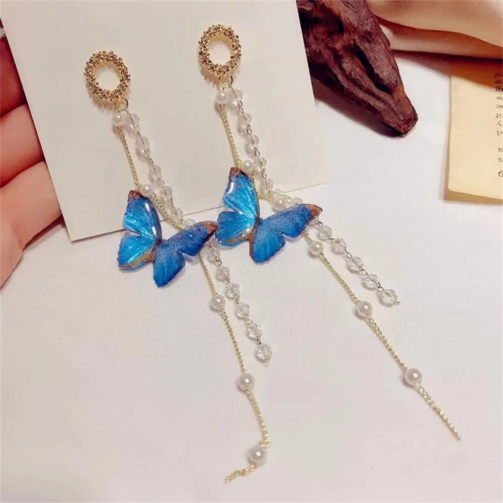 New Luxury Women Zircon Crystal Pearls Long Tassel Butterfly Earrings