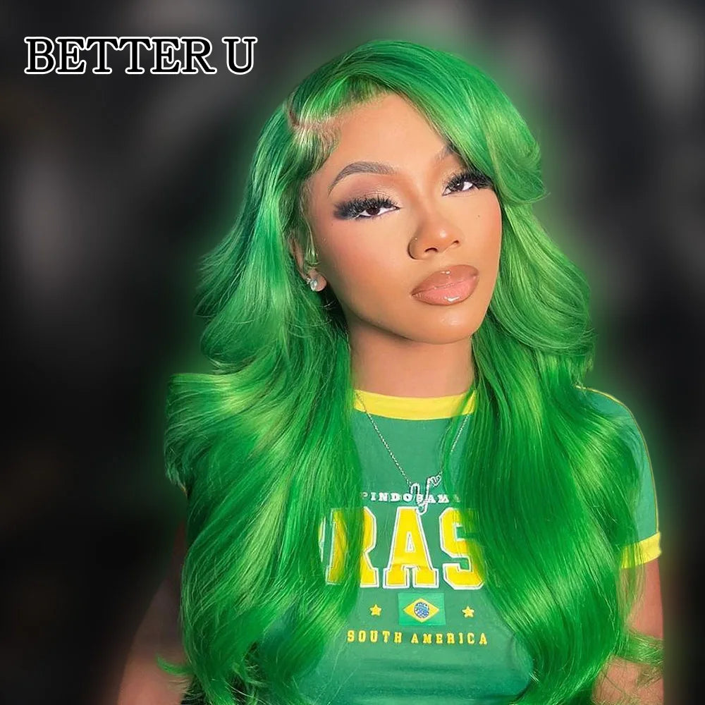 Green Color 13x4 HD Transparent Lace Front Human Hair Wigs Body Wave 613 Colored Green Wig Lace Frontal Wig for Black Woman