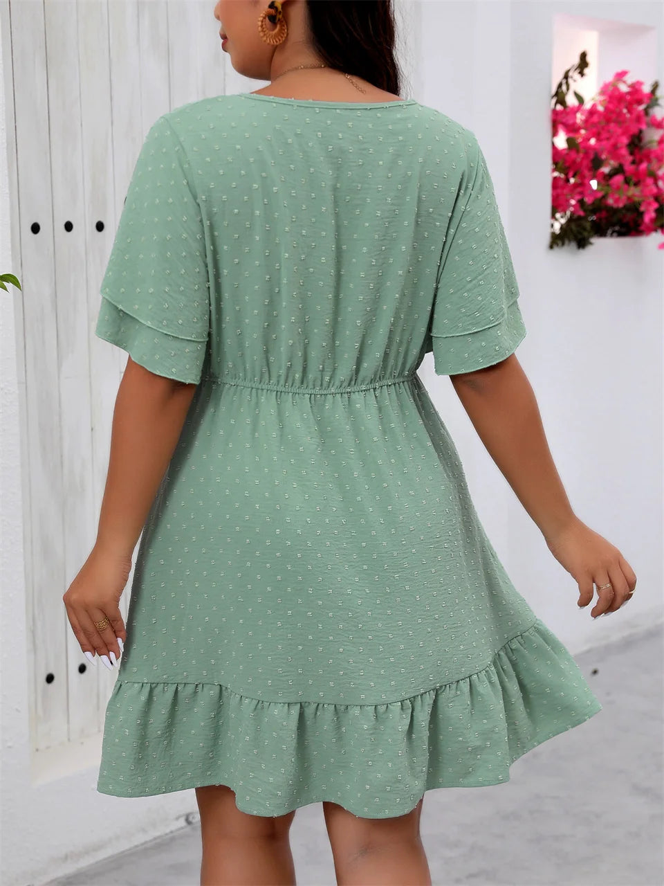 GIBSIE Plus Size Swiss Dot Butterfly Sleeve Dress Women Summer 2025 New Round Neck Elastic Boho A-line Ruffle Hem Short Dresses