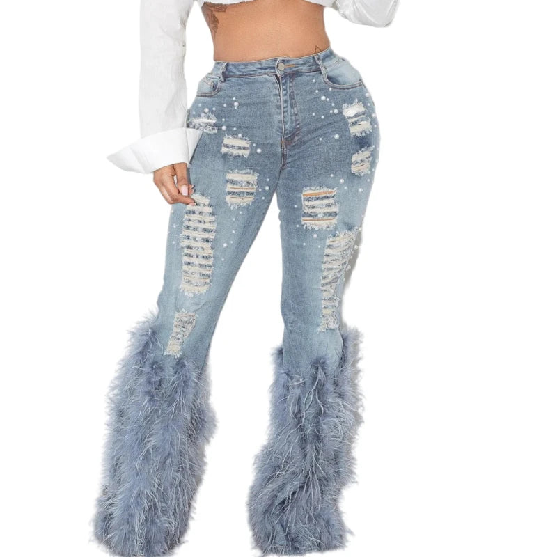 FAGADOER Feathers Patchwork Denim Pants Women Fashion Pearls Holes Tassel High Waist Stretchy Jeans Y2K Streetwear Bottoms New