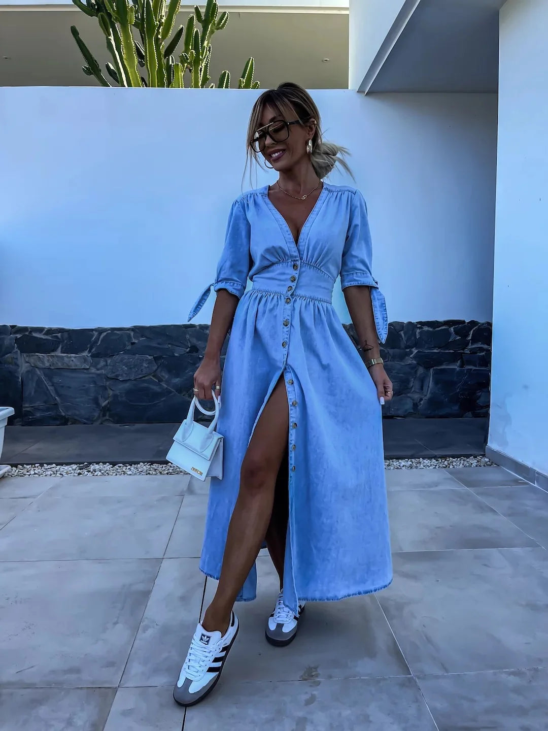 Sexy V-neck Long Single-Breasted Denim Dress