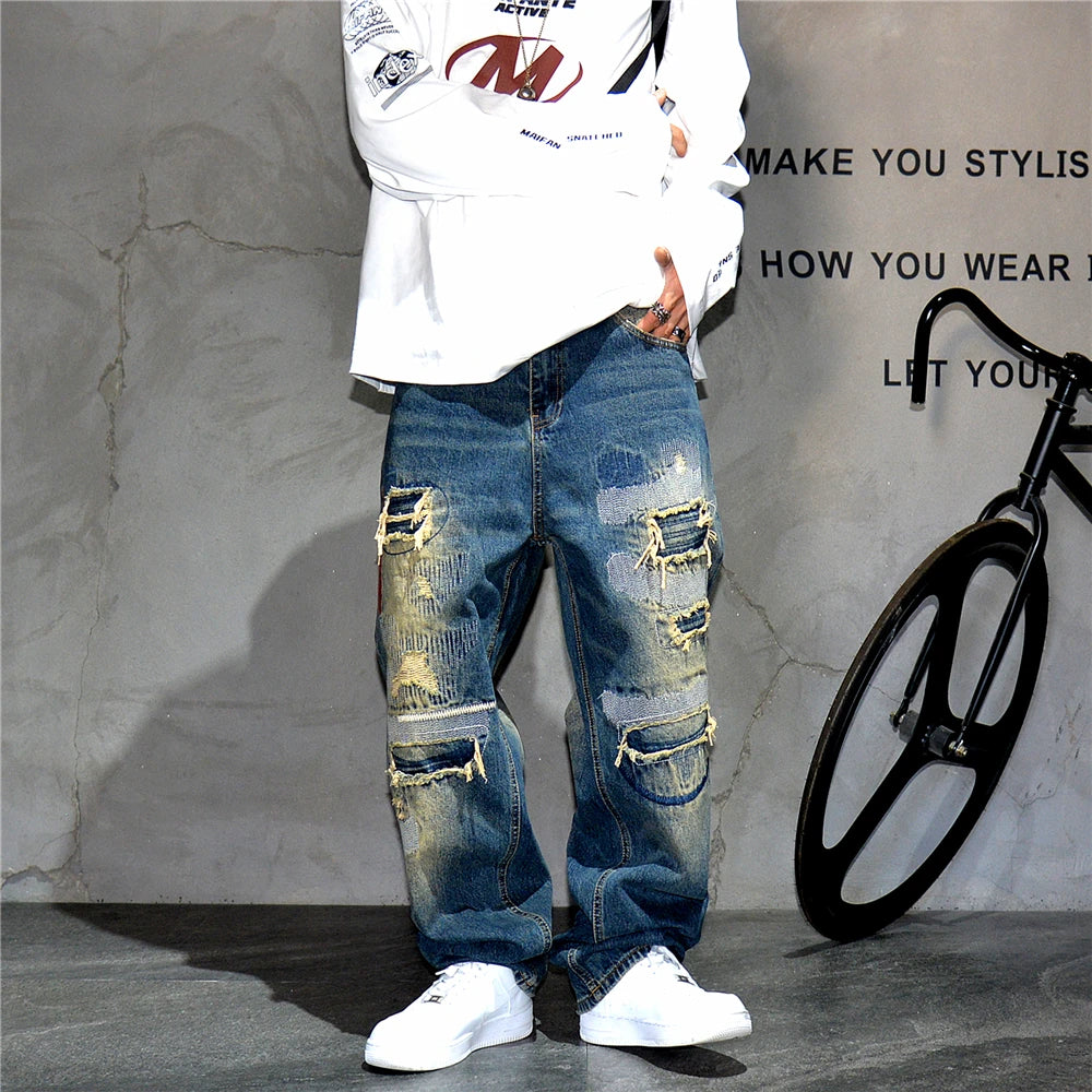 American Streetwear Ripped Patch Jeans Hip Hop Baggy Jeans Mens Clothing Vintage Denim Cargo Pants Japanese Harajuku Trousers