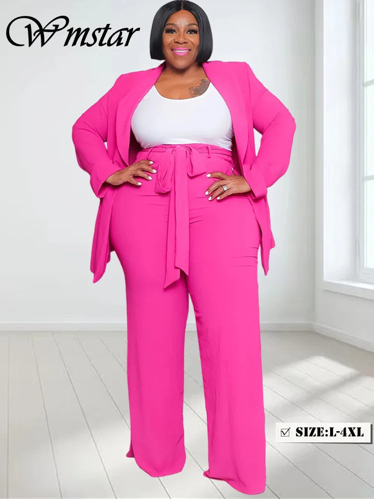 Wmstar Plus Size Women Clothing Two Piece Set Solid Career Suit Top Pants Sets Office Lady with Bandage Wholesale Dropshipping