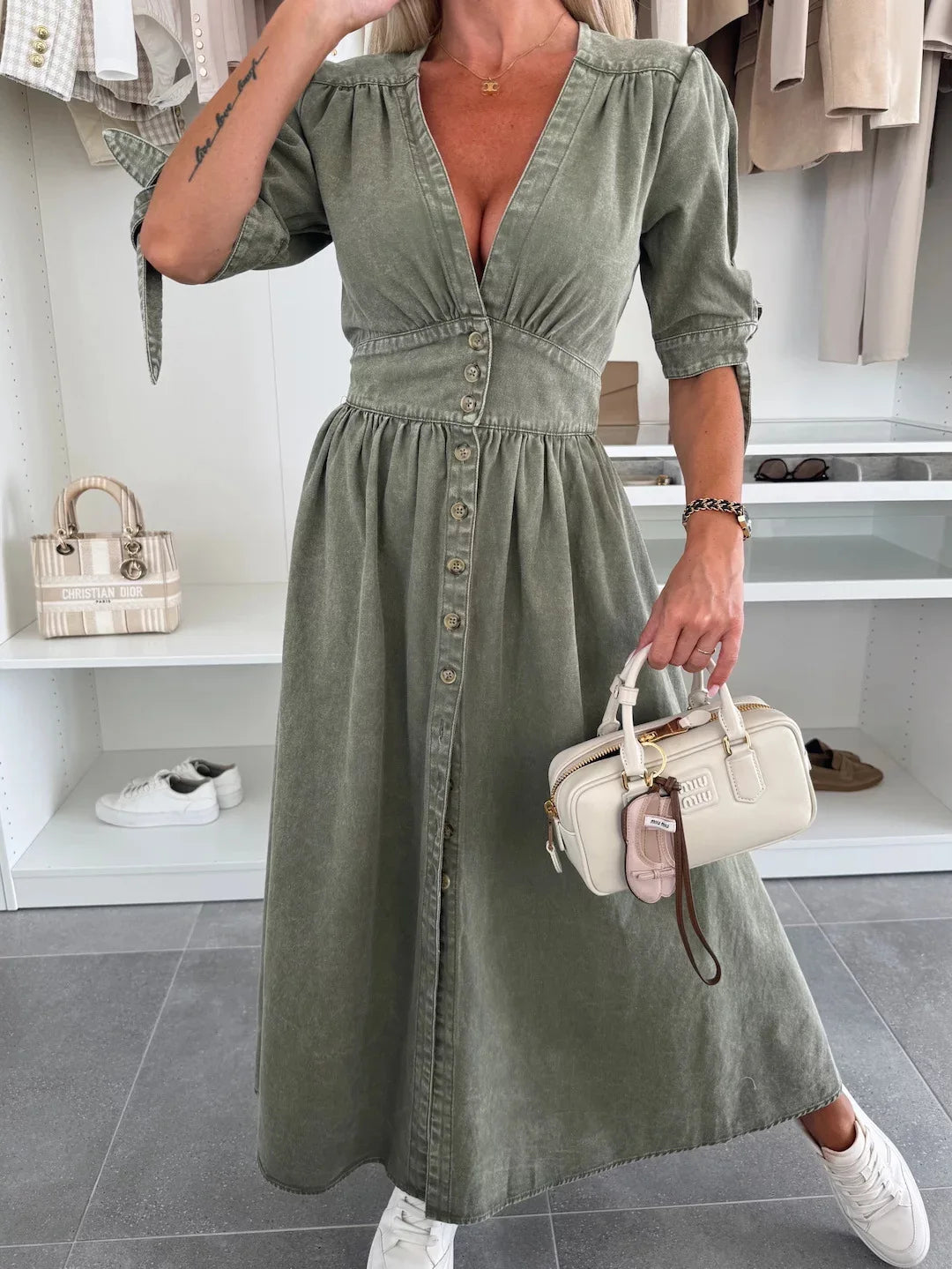 Sexy V-neck Long Single-Breasted Denim Dress