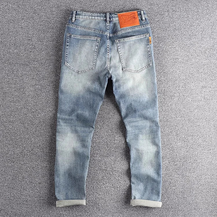 13oz Embroidery Light Blue Washed Denim Jeans for Men 2025 Spring Fashion Fit Straight Pants Clothes Youth Male Casual Trousers