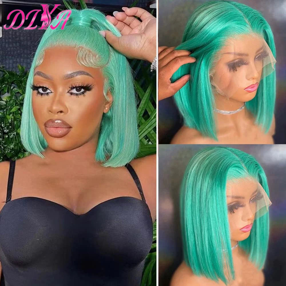 Light Lime Green Bob Wig Human Hair 13x4 Frontal Lace Wig Human Hair Pre Plucked HD Lace Bob Straight Colored Human Hair Wigs