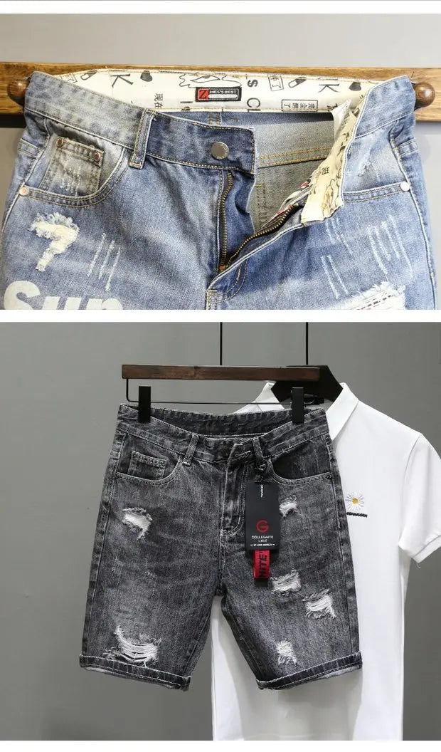 Summer 2025 Light Blue Ripped Cat Whisker Patch Letter Print Slim Denim Shorts Teenagers Jeans Boys and Girls Cowboy Short Pants