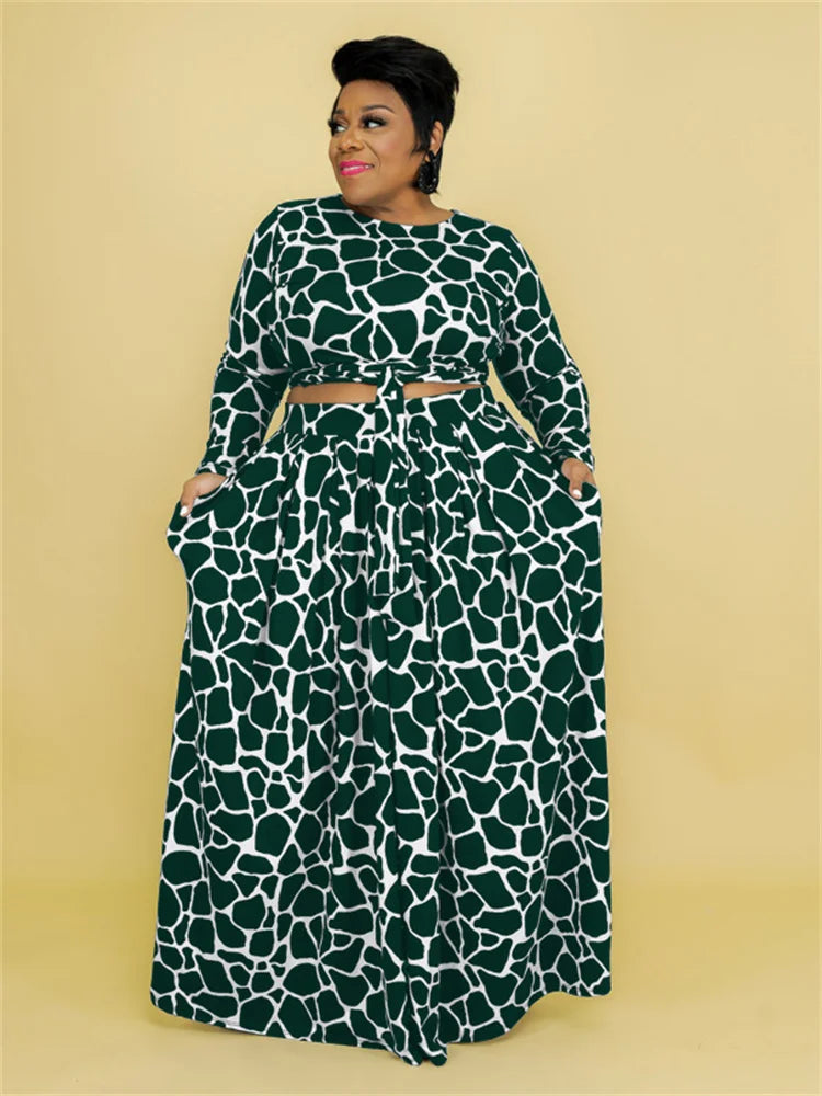 Wmstar Plus Size Women Clothing Skirts Matching Sets 2 Piece Outfits Crop Top Long Sleeve Maxi Big Swing Wholesale Dropshipping