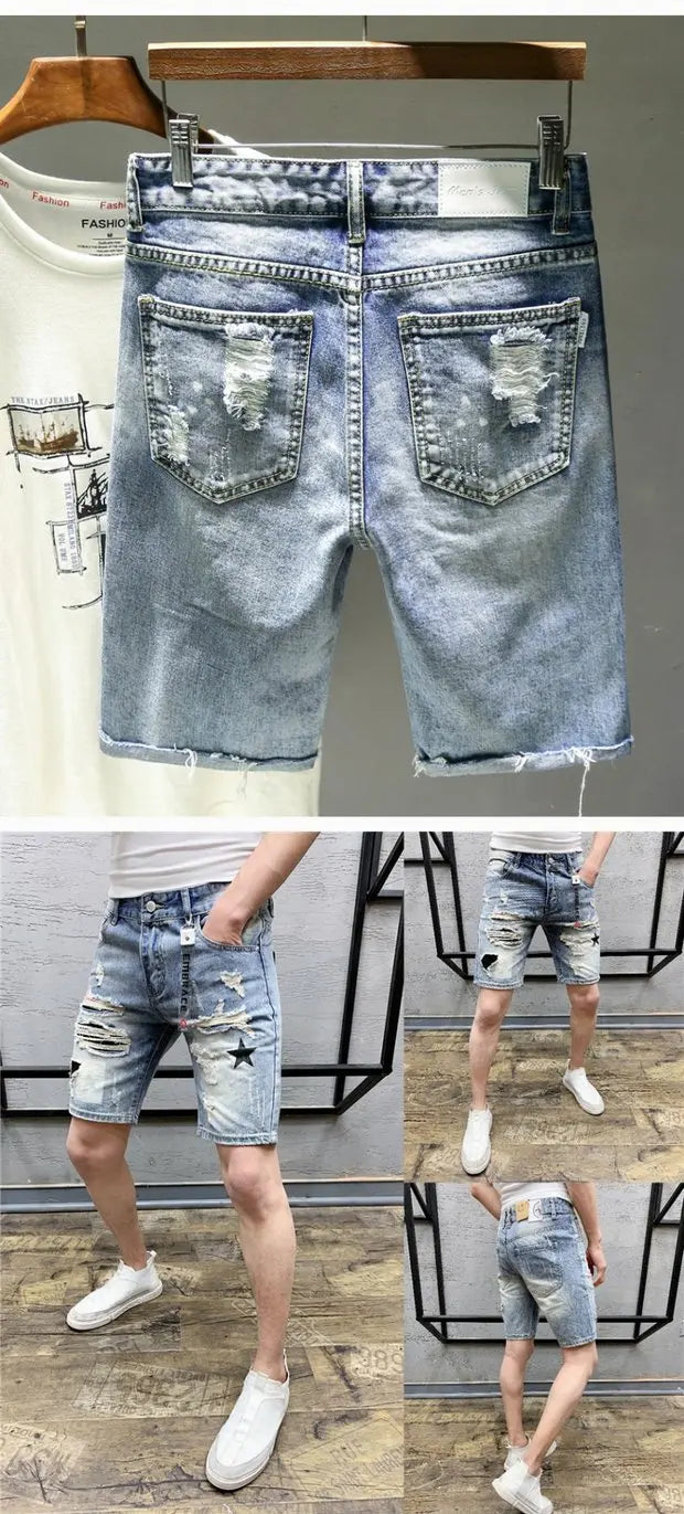 Summer 2025 Light Blue Ripped Cat Whisker Patch Letter Print Slim Denim Shorts Teenagers Jeans Boys and Girls Cowboy Short Pants