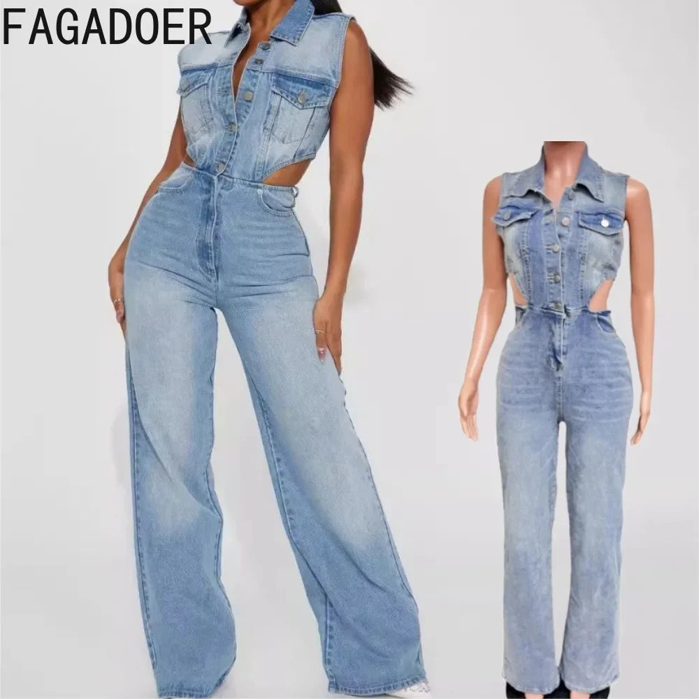 FAGADOER Y2k Retro Denim One Pieces Jumpsuit Women High Quality Stretchy Wide Leg Jean Rompers Side Hollow Streetwear Overalls