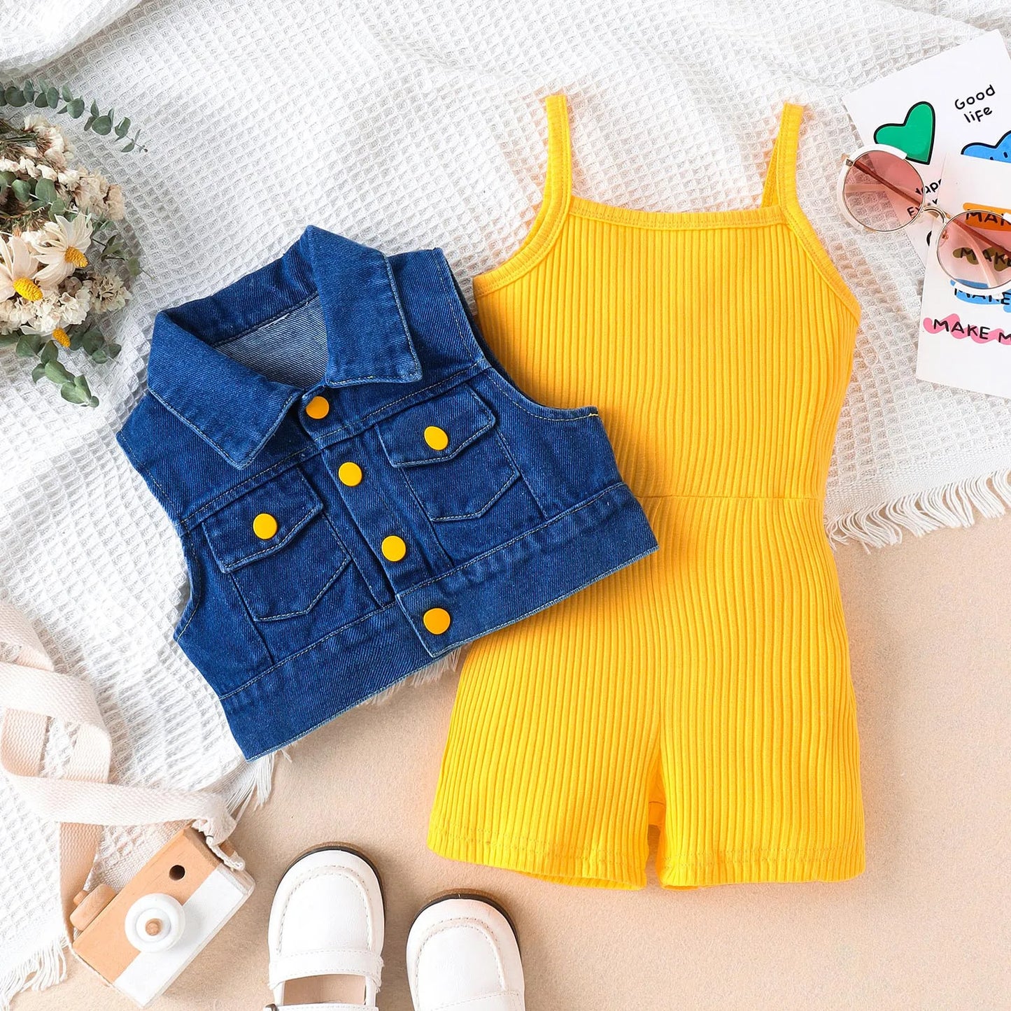 Children Fashion Clothes Sets For Girls 3-7 Years 2025 Summer Sleeveless Solid Rib Bodysuit +Lapel Denim Coat Two Piece Outfits