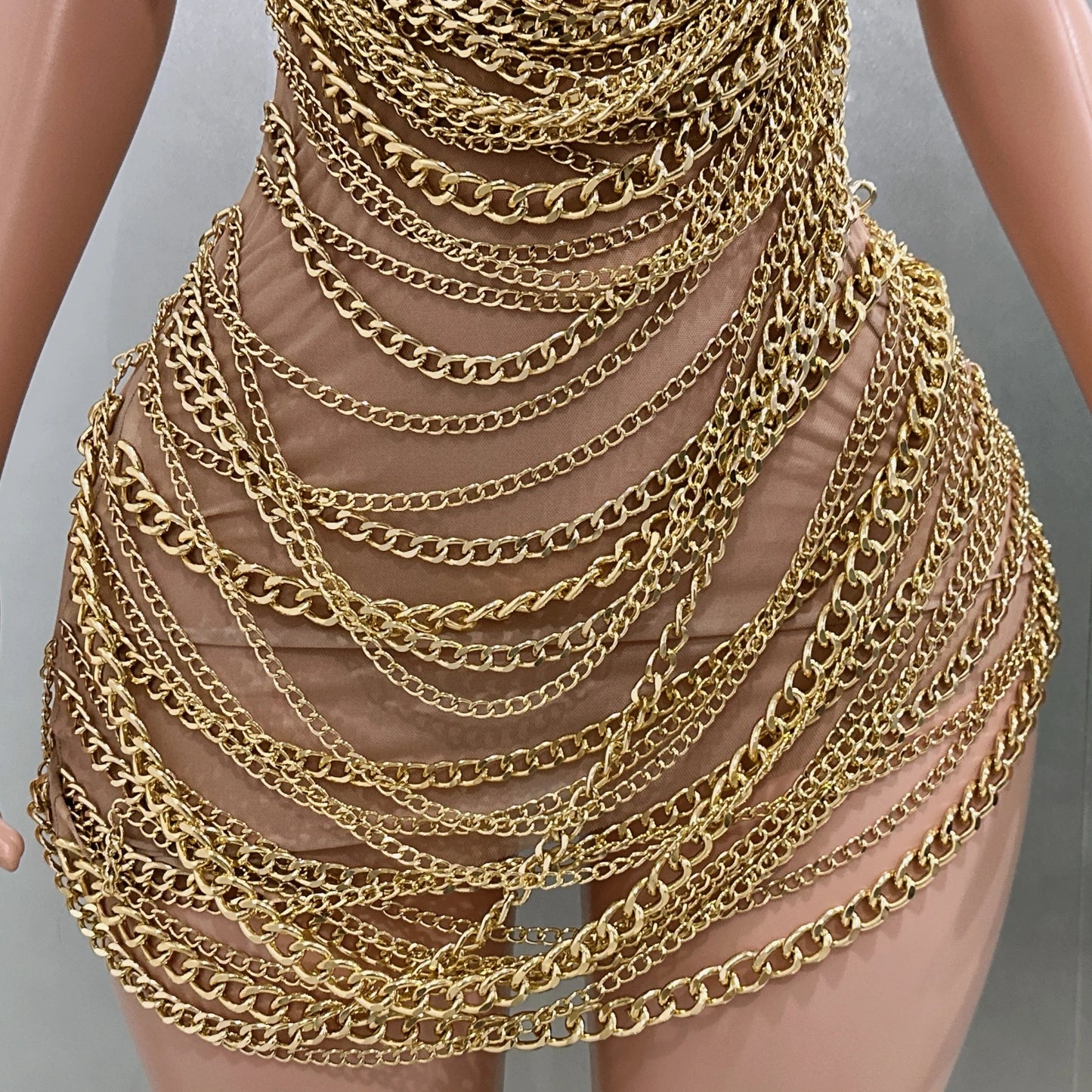 Gold Luxury Chains Khaki Sexy See-Through Sheath Mini Dress Evening Party Performance Costume Bar Nightclub Singer Stage Wear