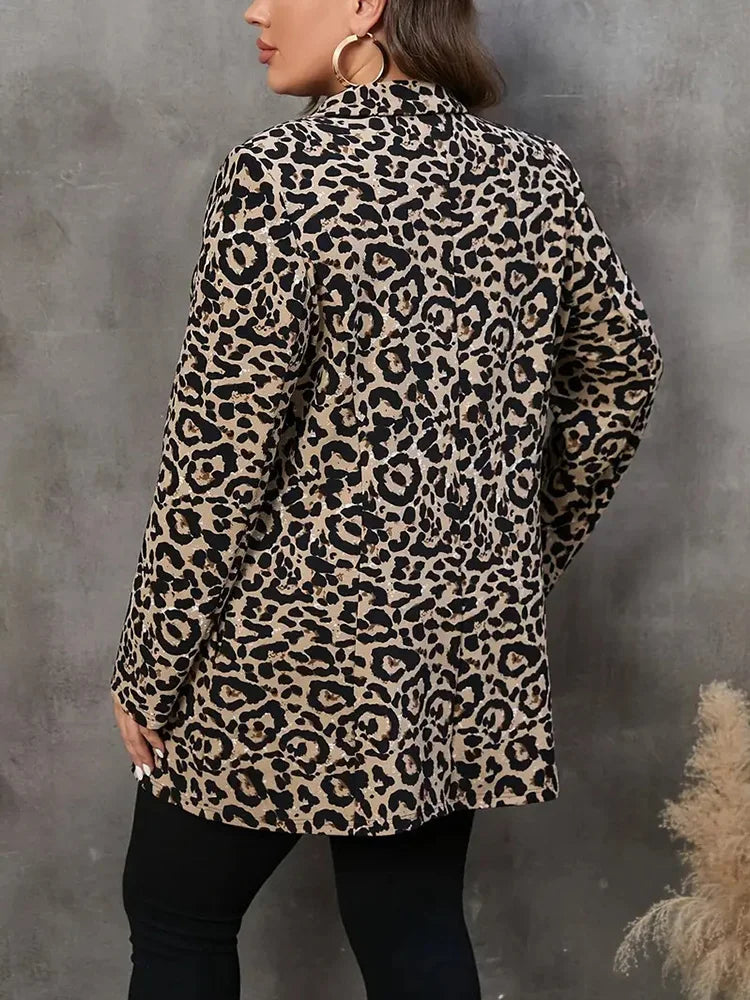 GIBSIE Plus Size Leopard Print Notched Neck Suit Coat Women Autumn New Casual Long Sleeve Fashion Office Lady Button Jacket Top