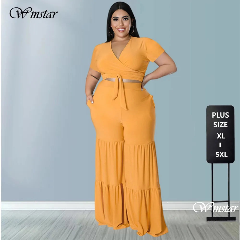 Wmstar Plus Size Pants Sets Two Piece Outfits Summer Holiday Solid Bandage Top Wide Leg New Matching Suit Wholesale Dropshipping