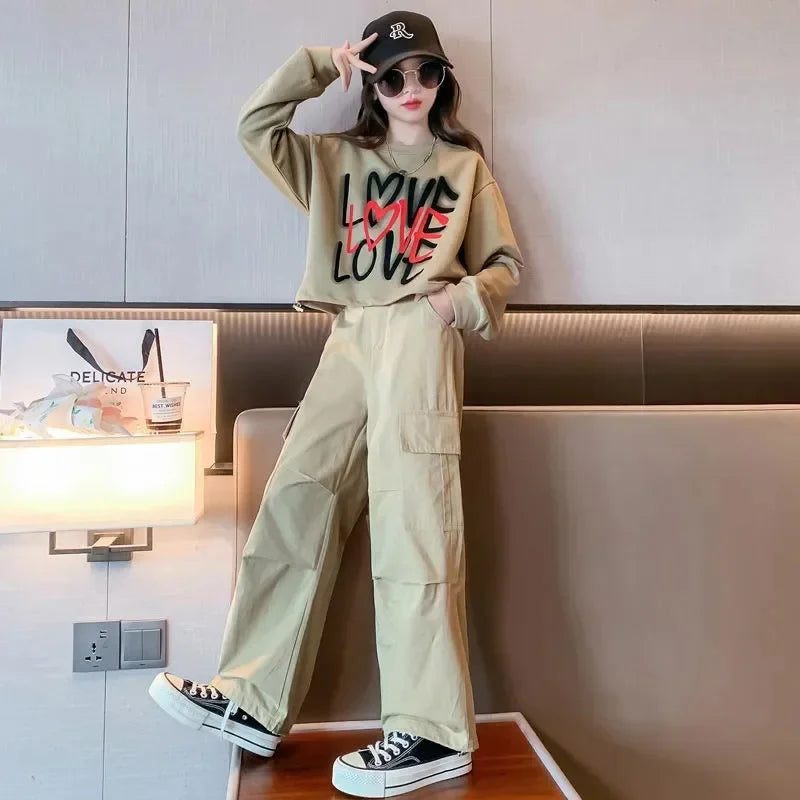 2025 spring autumn Kids tracksuit Children set Girls Clothes loose T-Shirt + wide leg Cargo Pants Teenager 4 5 6 7 10 11 12 year
