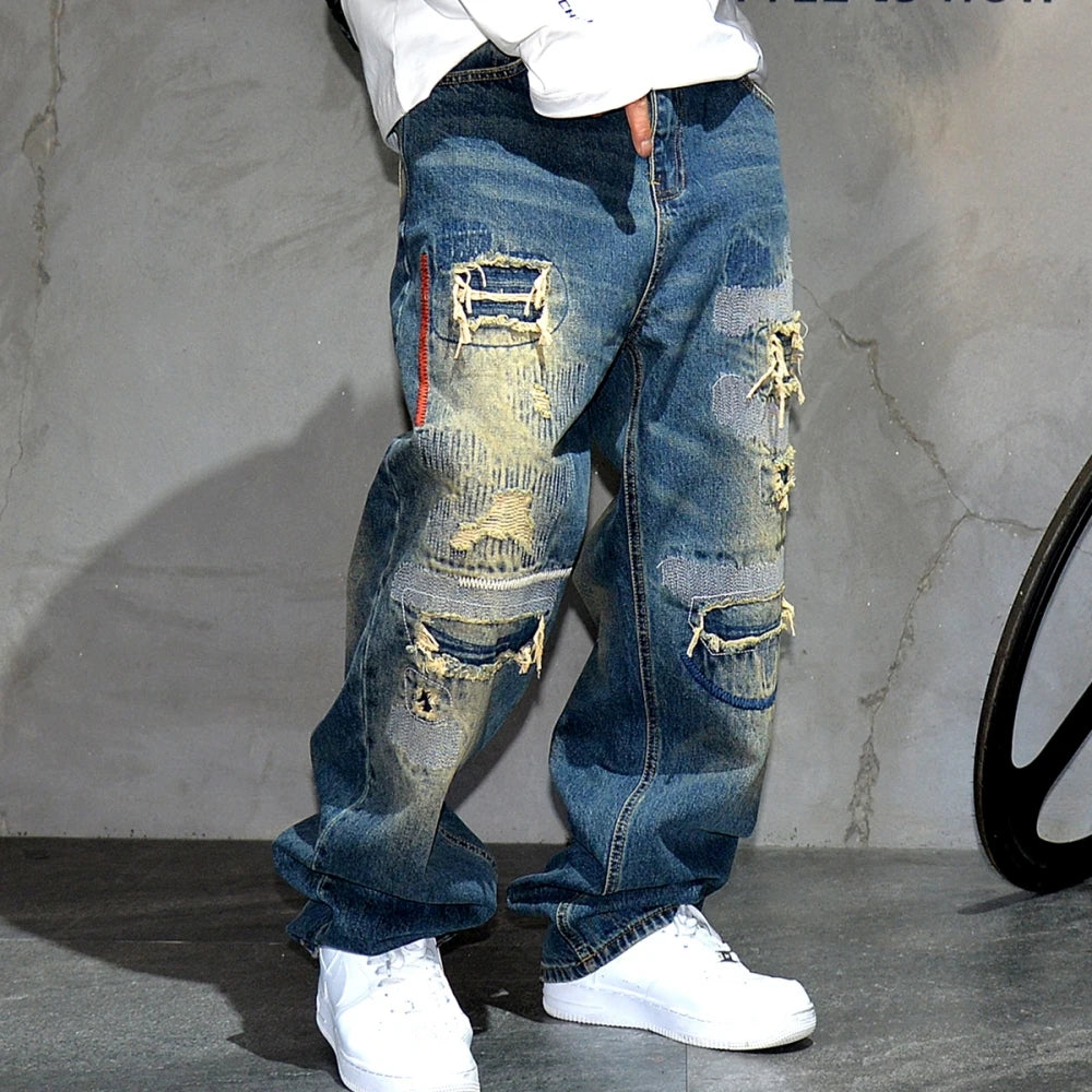 American Streetwear Ripped Patch Jeans Hip Hop Baggy Jeans Mens Clothing Vintage Denim Cargo Pants Japanese Harajuku Trousers