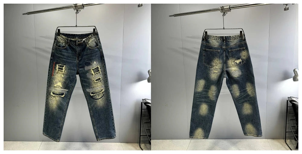 American Streetwear Ripped Patch Jeans Hip Hop Baggy Jeans Mens Clothing Vintage Denim Cargo Pants Japanese Harajuku Trousers