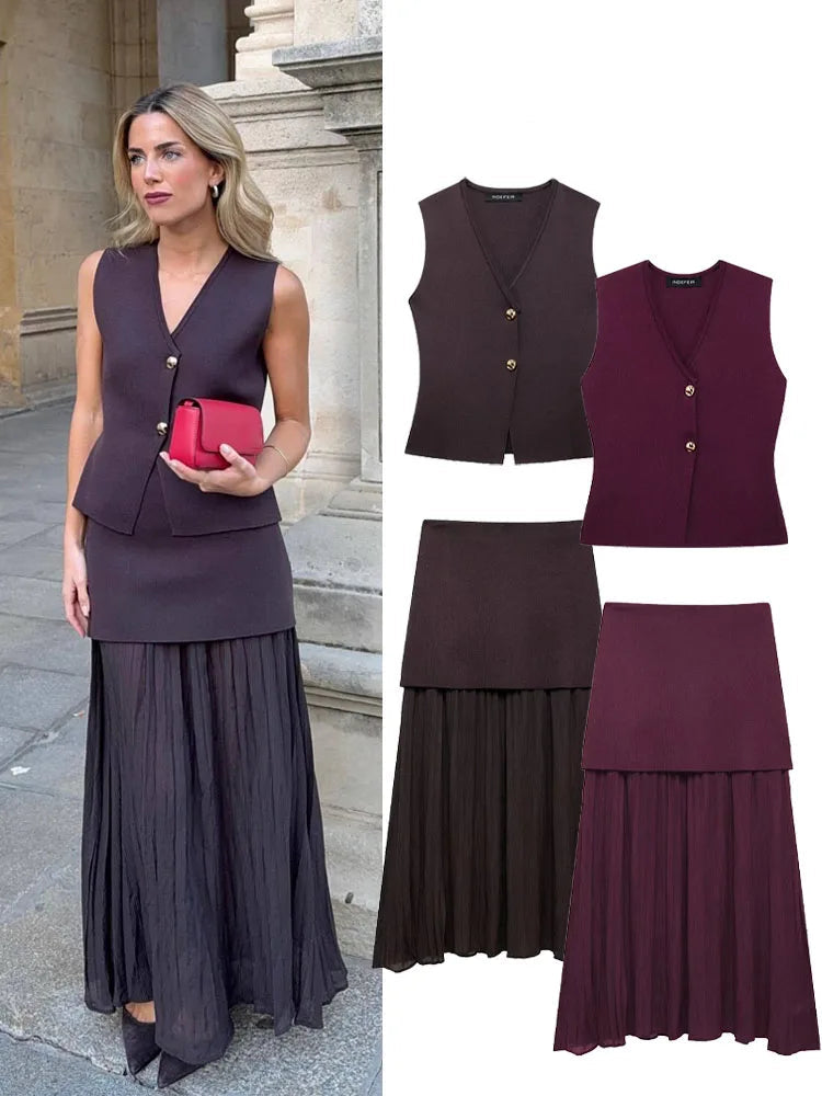 Women 2 Piece Set Knitted Vest High Waist Skirt
