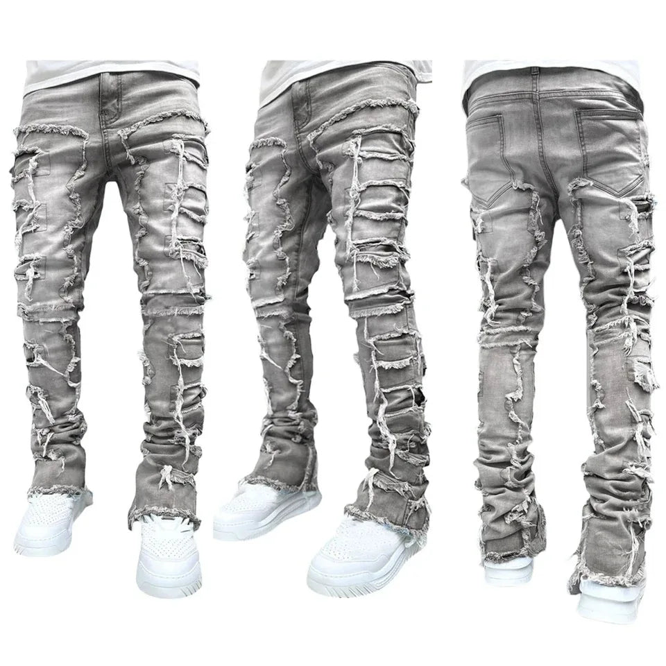 New Fashion Stretch Jeans Man Stacked Jeans Elastic Waist Straight Fit Patchworks Denim Long Pants Fringe Ripped Jeans For Men