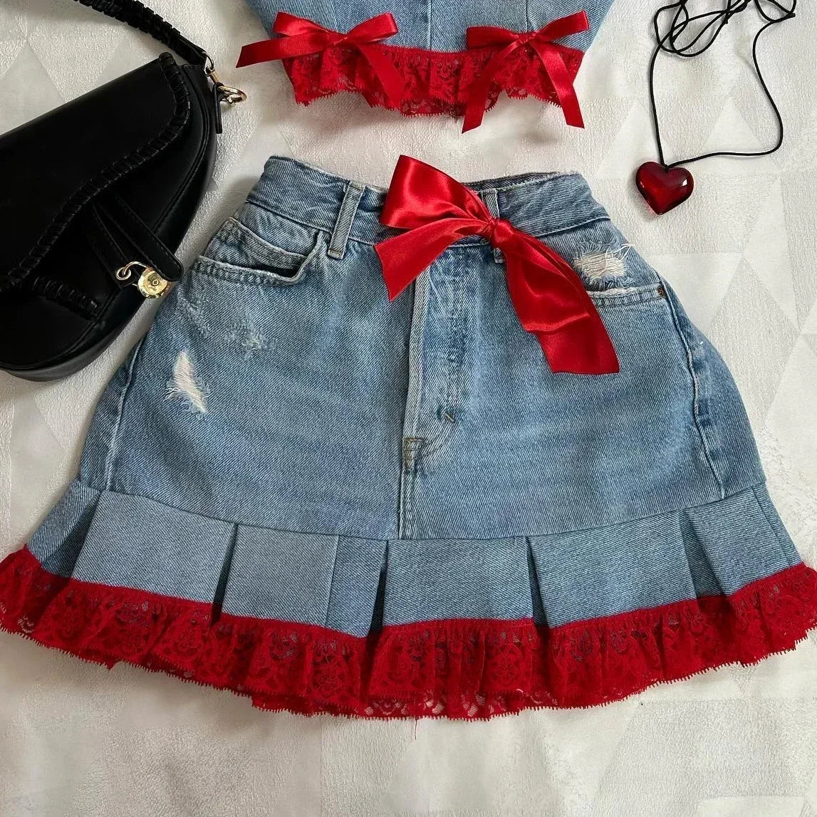 Harajuku New Y2k Two Piece Sets Womens Outifits Pink Leather Denim Splicing Zipper Jacket Skirt Sets Pleated Skirts Streetwear