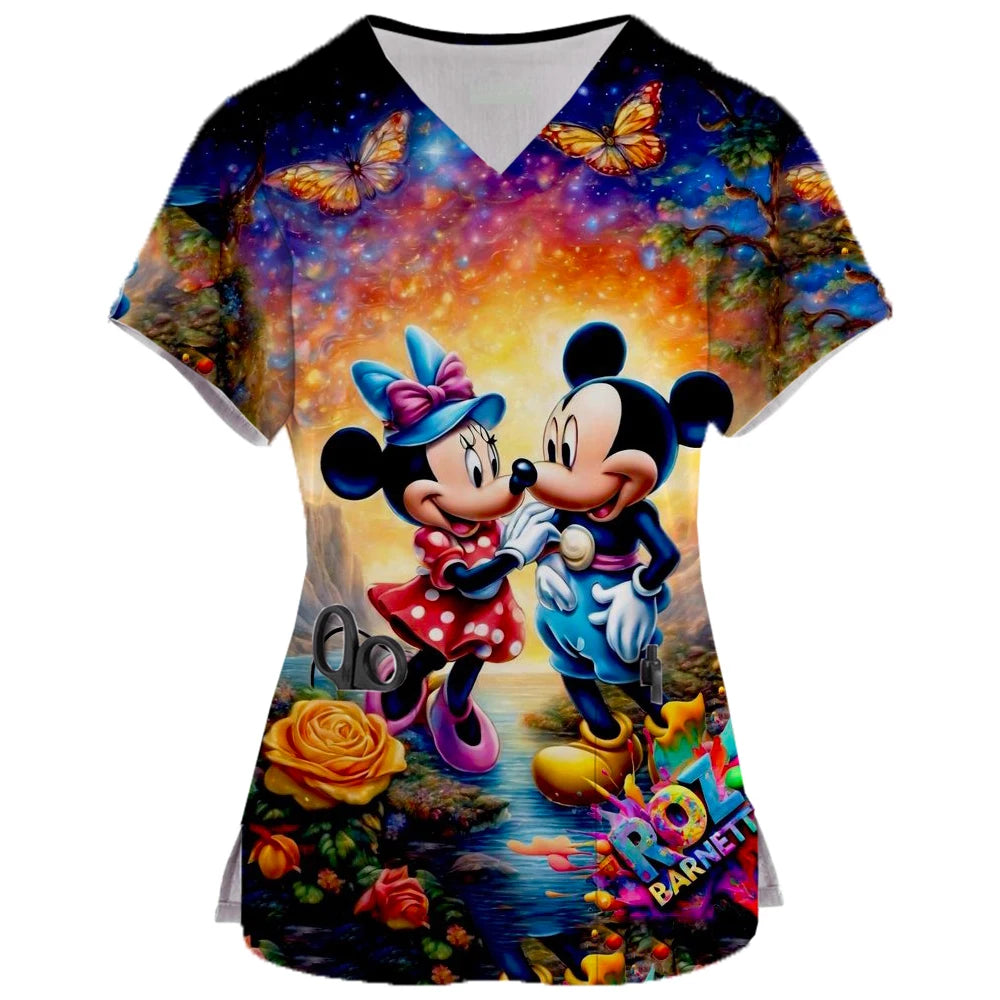 2024 New Minnie Mouse Print Nurse Medical Uniforms V-neck Short Sleeve Pocket Workwear Top Scrubs Medical Accessories Uniform