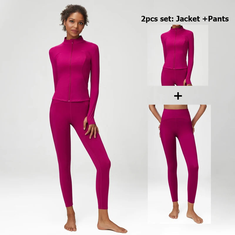 2/3 Pieces Fitness Yoga Set Women Solid Color Stretch Athletic Suit Sexy Bra Zipper Jacket High Waist Leggings Female Sportswear