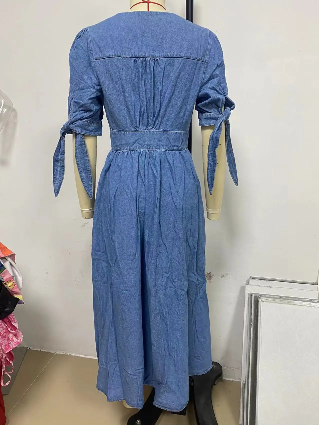 Sexy V-neck Long Single-Breasted Denim Dress