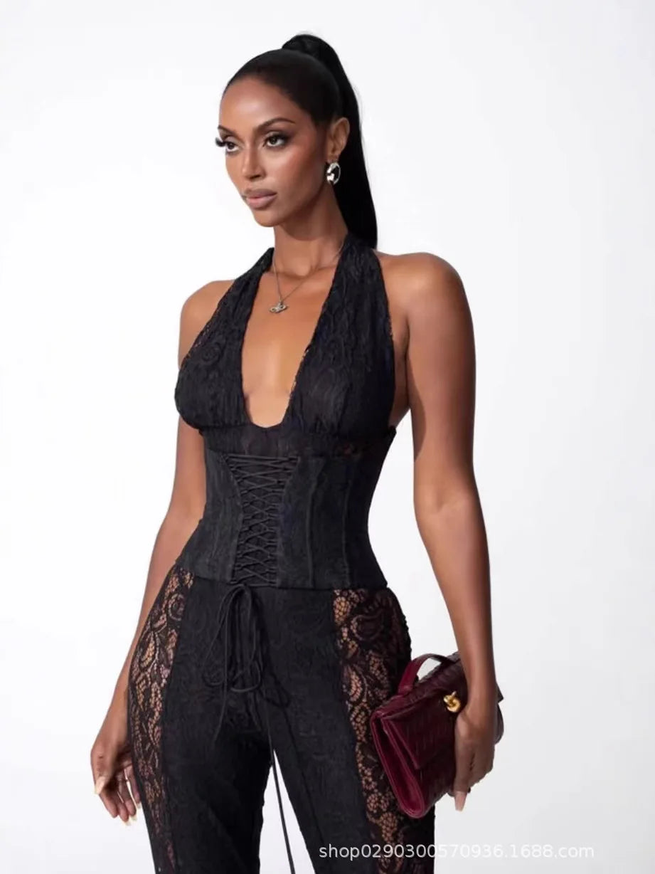 Sexy Lace Tops Two Piece Pant Set 2025 Women Summer Elegant Luxury Clothes Club Wear Halter Corsets 2 Piece Pant Sets Outfits